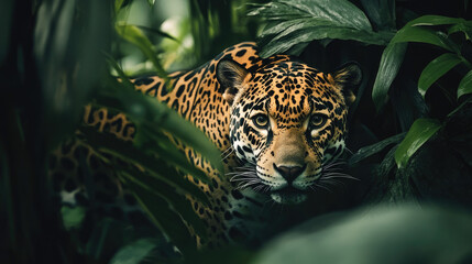 Majestic jaguar prowling through the dense foliage of the Amazon rainforest, blending into its natural habitat