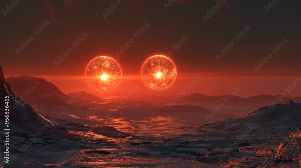 Poster a distant binary star system, with two suns setting together over a serene alien landscape, casting 