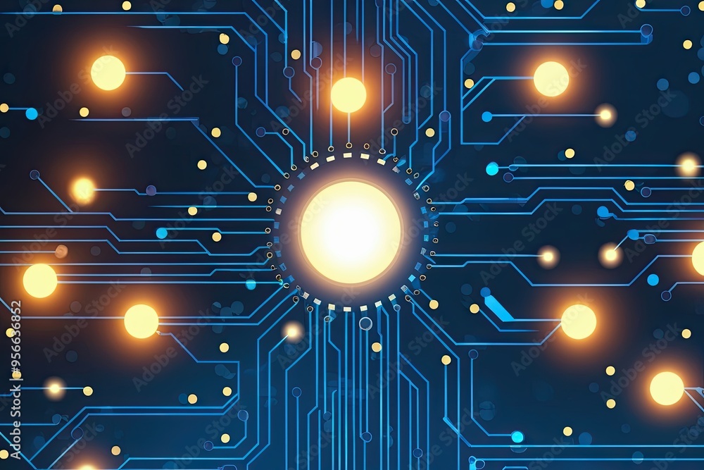 Poster abstract dark blue digital network circuit board background with glowing light and connecting dots