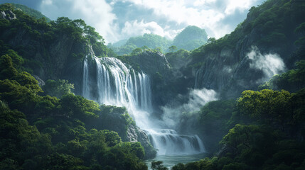 Fototapeta premium Majestic waterfall cascading through a thick forest, mist rising from the flowing water