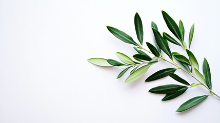 Obraz premium Minimalist composition of an olive branch with vibrant green leaves on a clean white background
