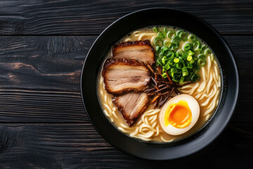 exquisite tonkotsu ramen served in black bowl on dark wooden background