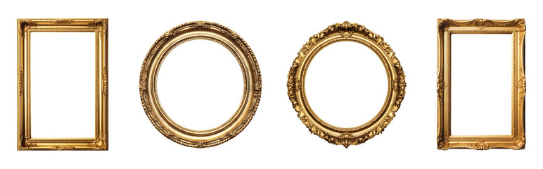 set of gold frames in square and round shapes, isolated on transparent background, generated ai