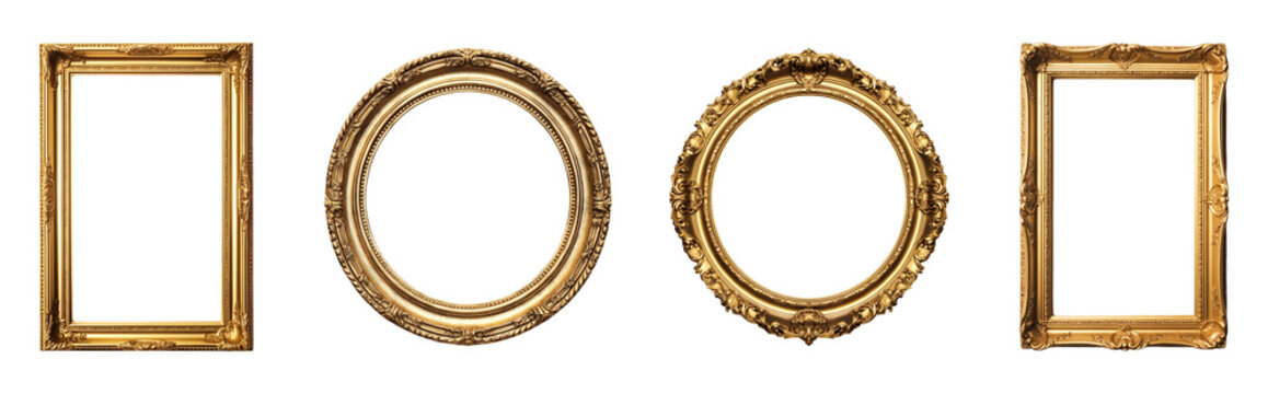 set of gold frames in square and round shapes, isolated on transparent background, generated ai
