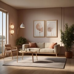 mockup frame  of a living room with a wall featuring three tables