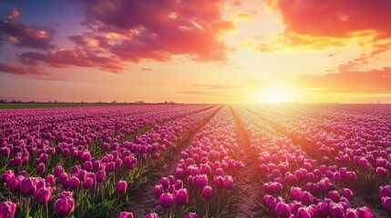 Naklejka premium Vibrant Tulip Field at Sunset