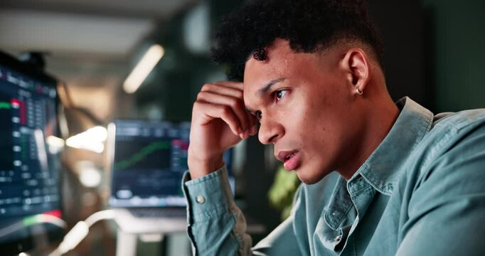 Business, man and headache of trading on computer screen at night with stock market statistics and cryptocurrency. Migraine, trader and pain in office with monitor investment graphs and data analysis