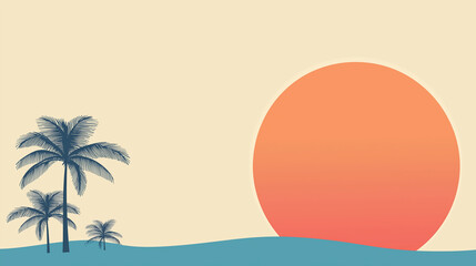 Two palm trees on a sunset 80s retro sci-fi style. Summer time. Futuristic sun retro wave. Design for advertising brochures, banners, posters, travel agencies. Vector illustration