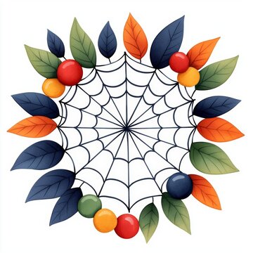 spiderweb wreath with colorful leaves and berries clip art preview