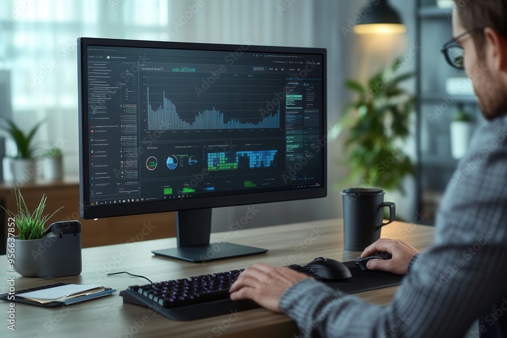 Leinwandbilder an expert focuses on a large monitor, analyzing detailed data while working at a well-organized desk