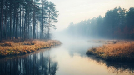 Fototapeta premium Misty morning in a forest with a river running through, the water reflecting the foggy sky