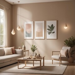 mockup frame  of a living room with a wall featuring three tables