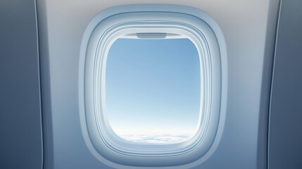 An airplane window with a clear blue sky.