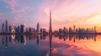 Fototapeta premium Stunning sunset over futuristic city skyline with tall buildings reflected in tranquil water. Beautiful colors fill the sky in this urban scene.