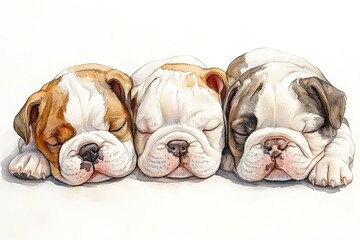 Three Sleeping Bulldogs in Soft Watercolors