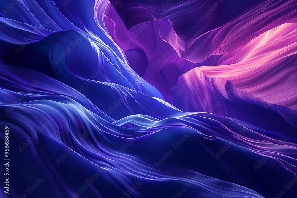 Poster abstract purple and blue gradient background with glowing waves, glowing lines, and blurred shapes i