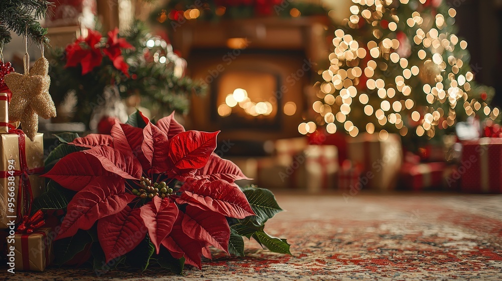 Wall mural A cozy living room is adorned with a festive Christmas tree, gifts, and a vibrant poinsettia in the foreground, showcasing a welcoming glow from the fireplace