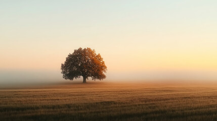 solitary tree in misty golden sunrise over field