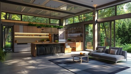 A modern open-plan living and kitchen space with large windows, showcasing the natural beauty of the trees outside.