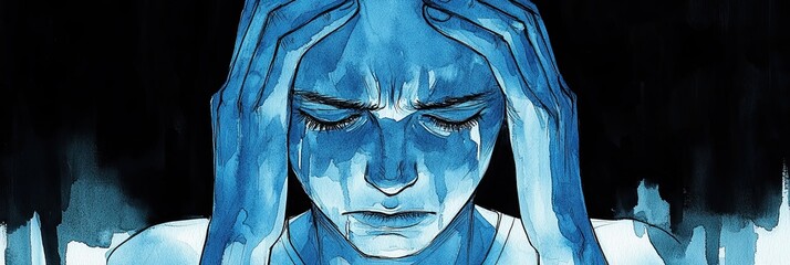 Emotional Expression: Blue Tones and Distressed Figure