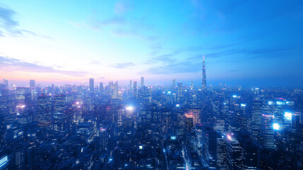 Fototapeta premium Vibrant sci-fi scene with synthwave styled towers in breathtaking perspective. Futuristic cyberpunk city in blue and purple colors