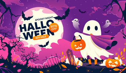 Halloween background with ghost, graveyard and bats. Vector illustration
