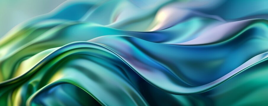 3D render of an abstract background with blue and green waves of fluid silk, blurred shapes of liquid metal.