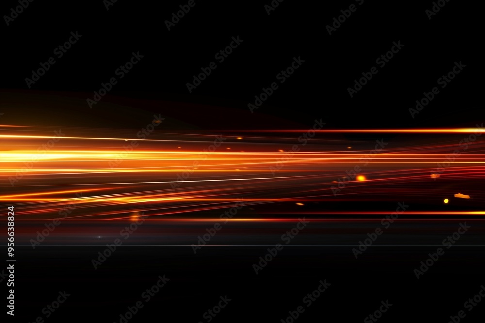 Poster a black background with glowing orange light trails in the bottom left corner, creating an abstract 