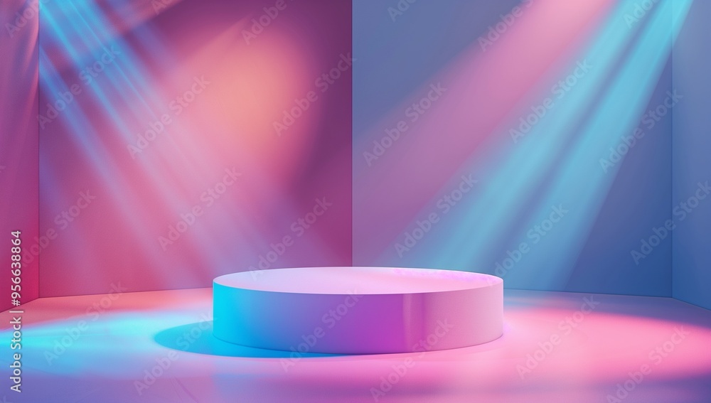 Poster a round podium in the center of an empty room with colorful lighting and rays of light