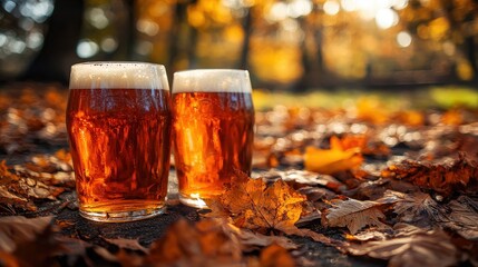 Two glasses filled with amber-colored craft beer rest on a bed of vibrant autumn leaves in a sunlit park, creating a cozy fall atmosphere perfect for relaxation