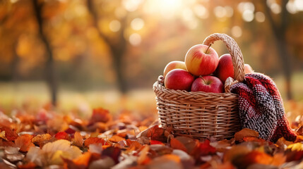 autumn harvest of red apples in a rustic wicker basket