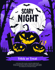 Happy halloween banner or party invitation background with violet fog clouds, ghost and pumpkins