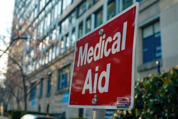 A durable sign displaying "Medical Aid" in clear serif font, positioned at a facility providing medical supplies and assistance 