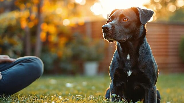 A person training their dog in a backyard, focusing on the interaction and communication that strengthens the bond between humans and their
