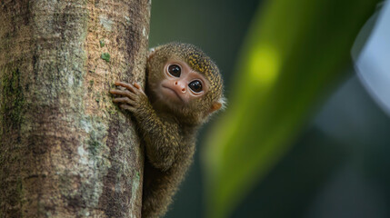 Obraz premium Pygmy marmoset, the smallest monkey in the world, clinging to a tree trunk in the Amazon rainforest.