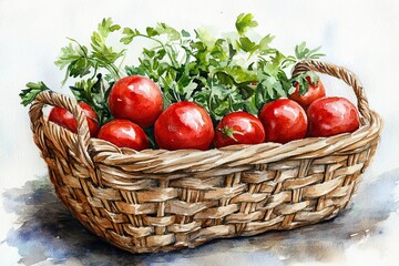 Basket of Fresh Red Tomatoes and Green Herbs