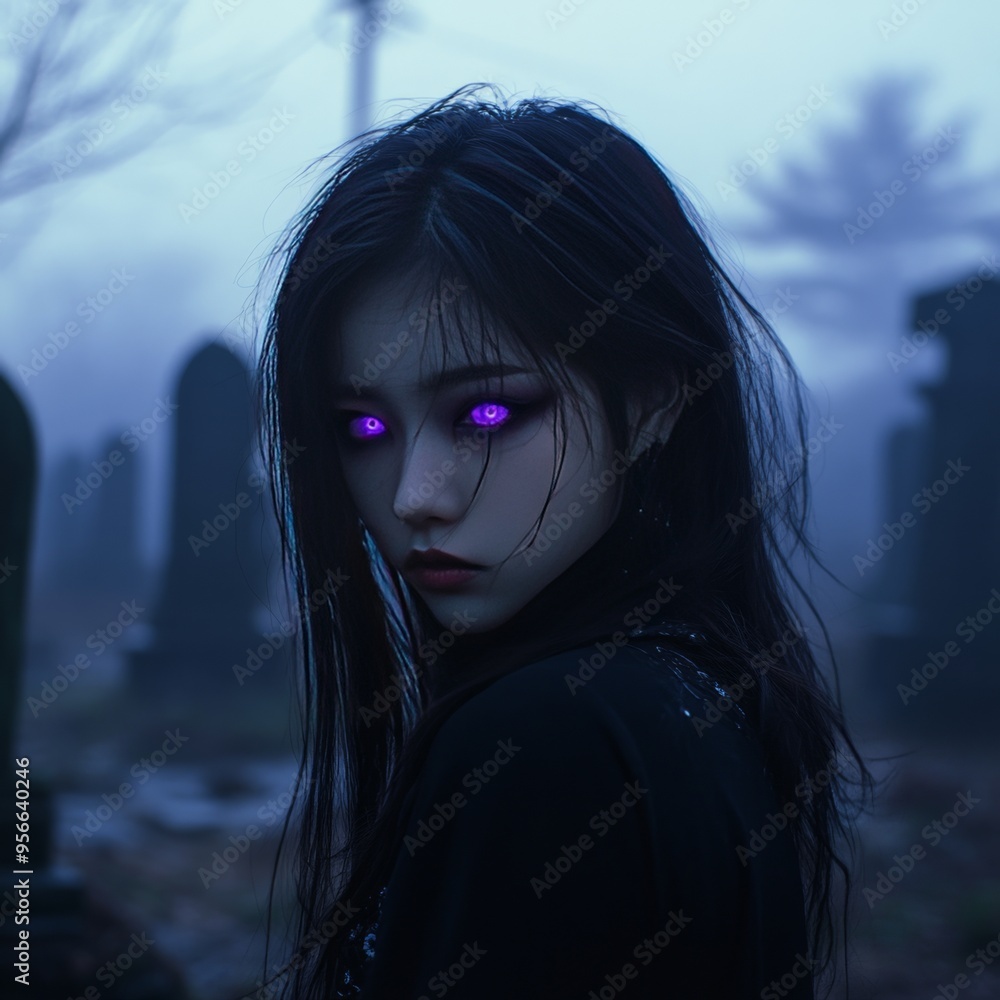 Sticker A young woman with purple eyes stands in a graveyard, her gaze intense and mysterious.