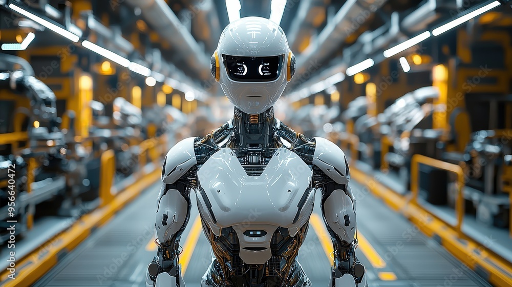 Poster a humanoid robot with a sleek design and glowing facial features stands in a cutting-edge manufactur