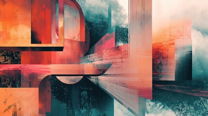 Abstract Geometric Composition with Red, Orange, and Blue Hues