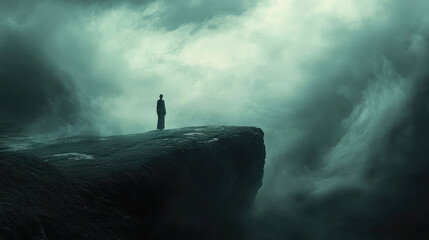 A ghostly figure standing on a cliff edge, with swirling fog and dark clouds above.