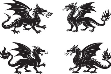 Fierce-mythical-dragon-silhouette-tattoo-and-fire. Flying dragon silhouette, vector on white background