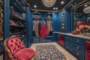 Fototapeta premium A lavish closet showcases an exquisite collection of dresses, decorative accessories, and a vintage chair, all set against a striking blue backdrop and elegant lighting