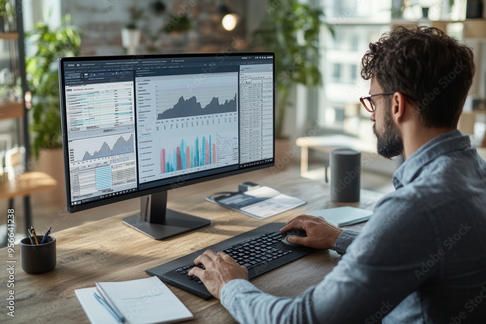 Poster an expert analyzes complex data on a large monitor in a well-organized office, surrounded by a notep