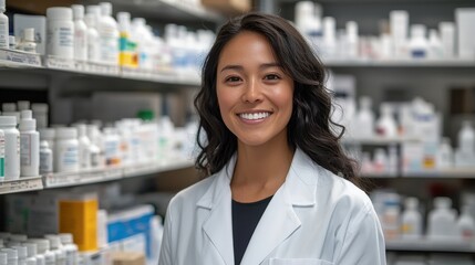 A friendly pharmacist stands confidently in a pharmacy surrounded by neatly arranged shelves of various medications and health products, radiating professionalism and warmth