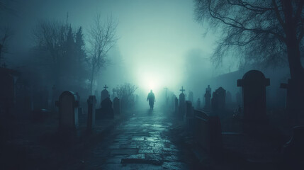 A hauntingly dark cemetery enveloped in thick fog, with ghostly apparitions drifting among the gravestones