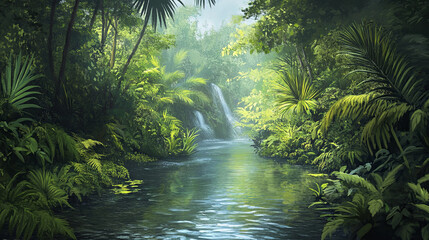 Serene river flowing through a tropical forest, with lush vegetation on either side