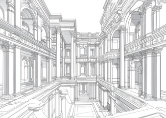 Line art illustration depicting architectural designs in a three dimensional format