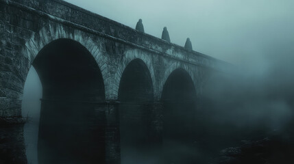 Fototapeta premium A chilling scene featuring a dark, fog-shrouded bridge and ghostly silhouettes materializing from the mist.