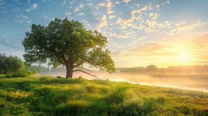 Tranquil Sunrise Over Foggy River