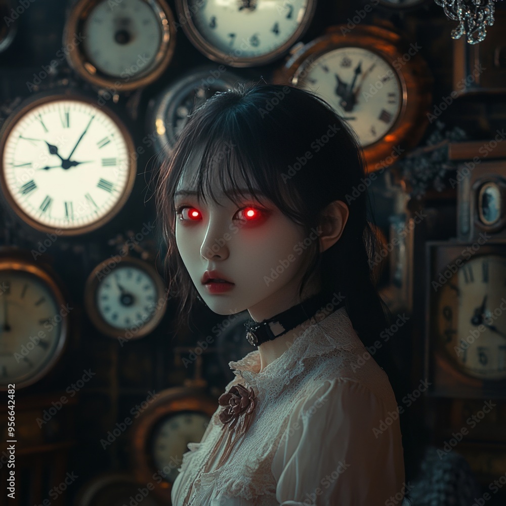 Canvas Prints A young woman with red eyes stares intently at the camera, surrounded by vintage clocks.